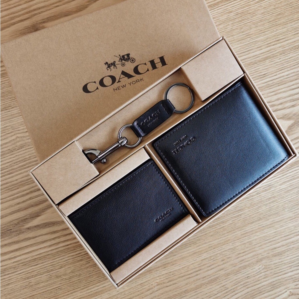 Coach Black Leather Wallet, Card Case & Keyring Gift Set